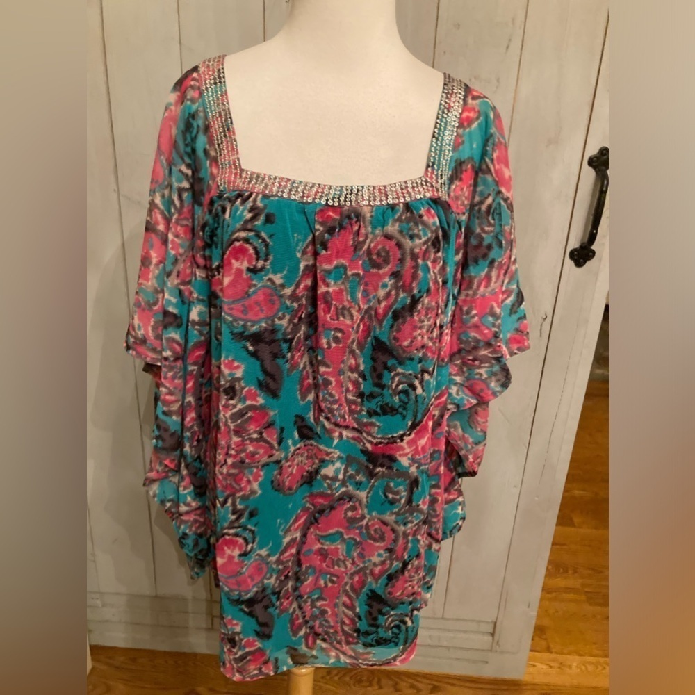 INC Women Pink‎ Teal Floral Print Dolman Sleeve Square Neck Pullover Blouse S-1X